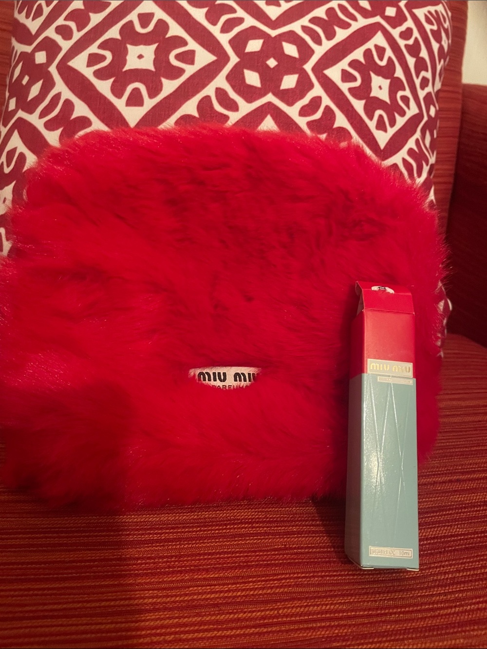 Miu Miu Red Faux Fur clutch plus mini fragrance